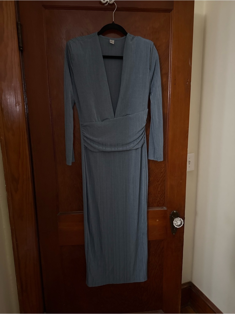 Deep V Long Sleeve Slate Blue Maxi Dress